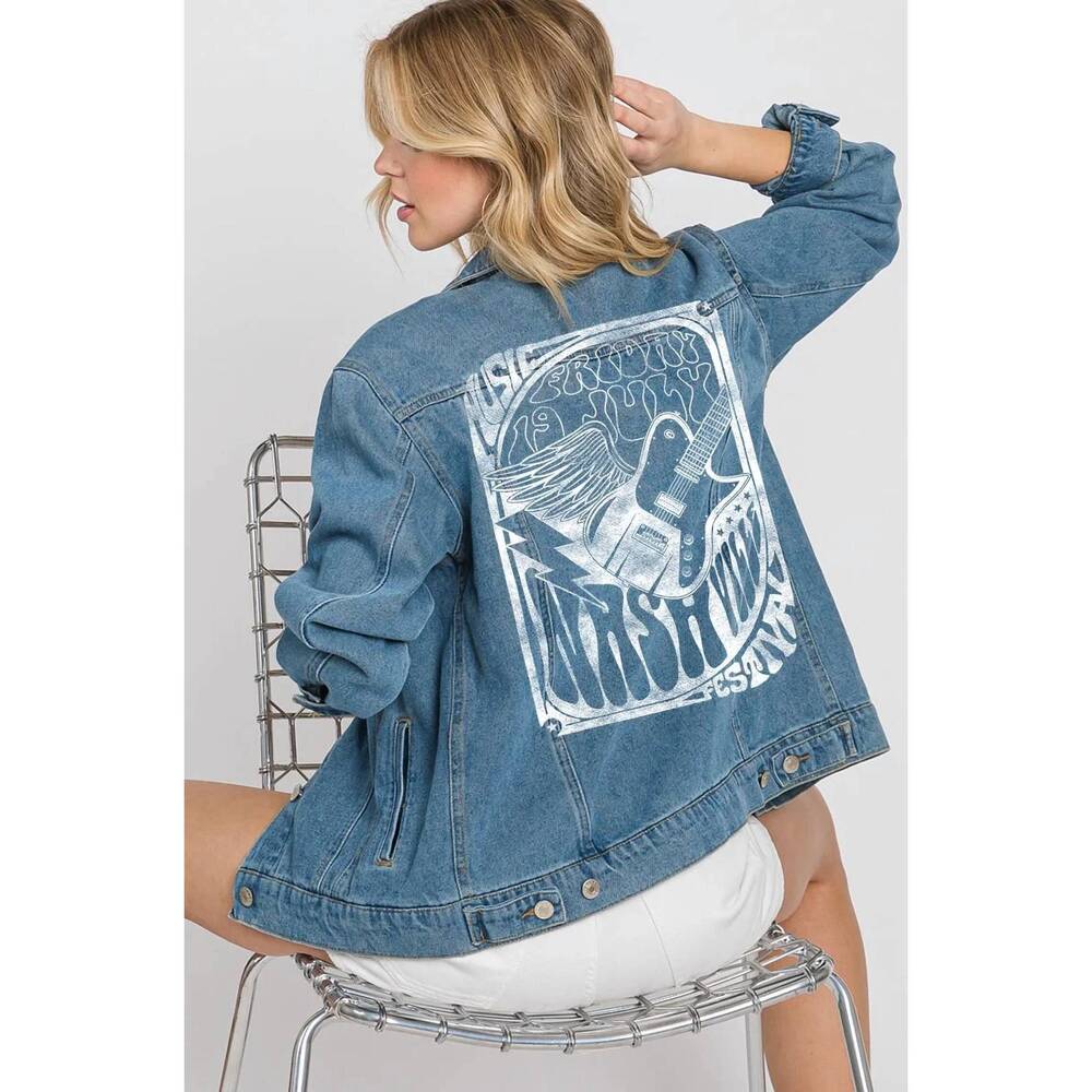 NEW HRT & LUV graphic back music nashville boyfriend denim jacket in blue